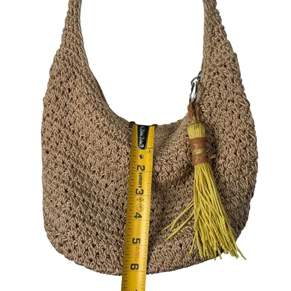 The Sak Crochet Hobo Bag Tan Neutral Boho Shoulder Bag with Yellow Tassel - Picture 6 of 8